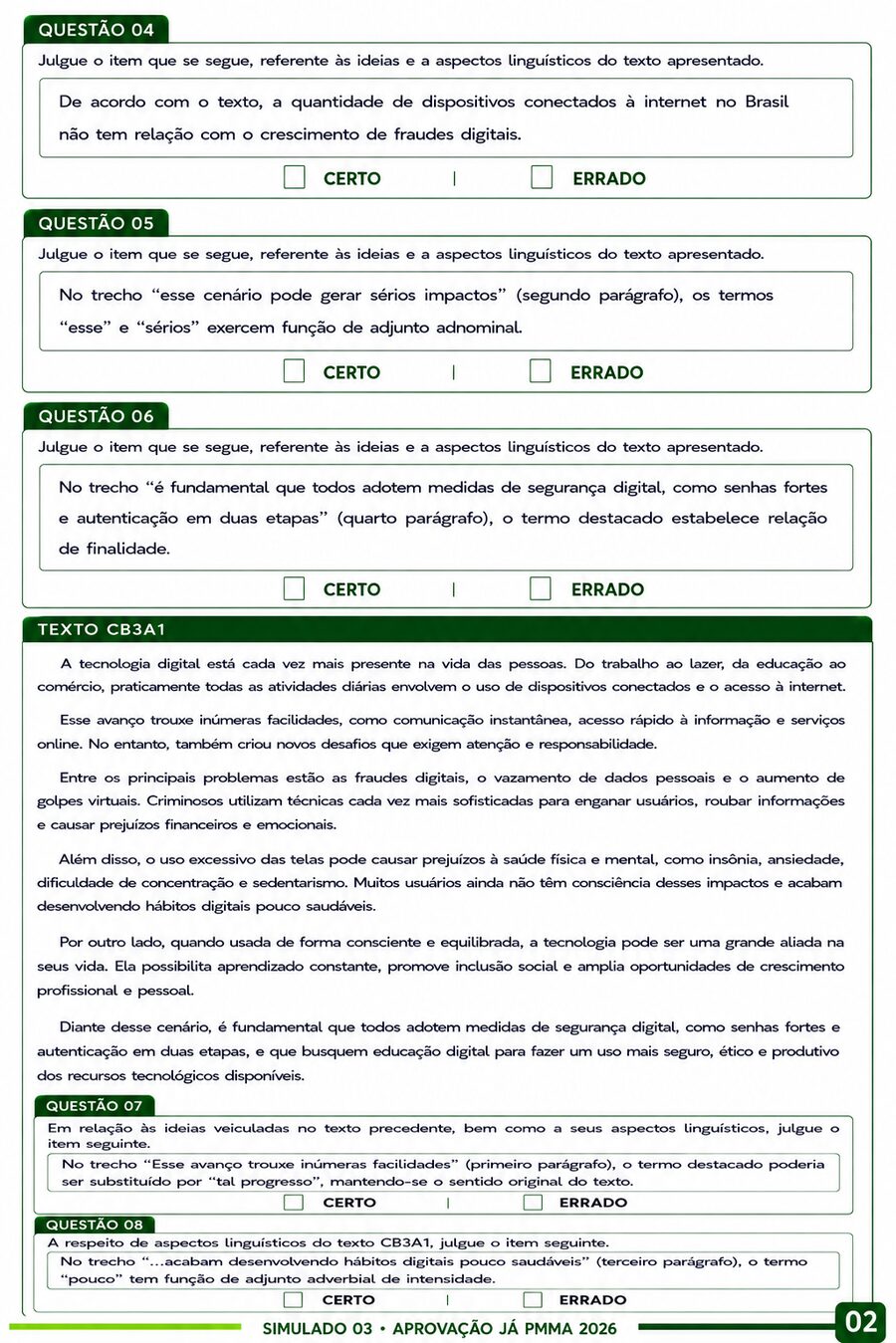 Amostra do PDF do simulado PM-MA 2026: Texto e questões de Português